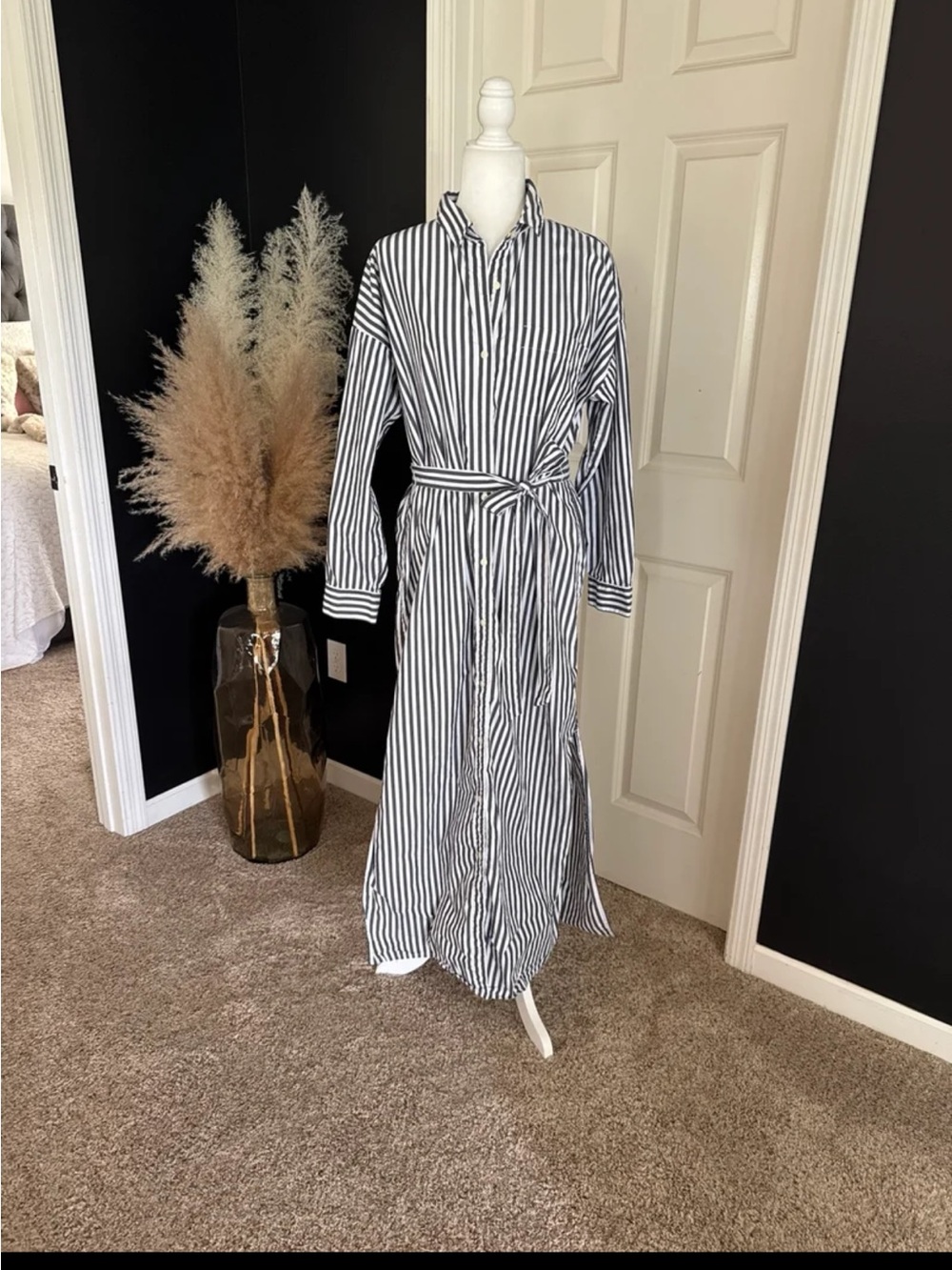 LOFT Grey/White Striped Poplin Belted Pocket Shirtdress size Large - Picture 5 of 12